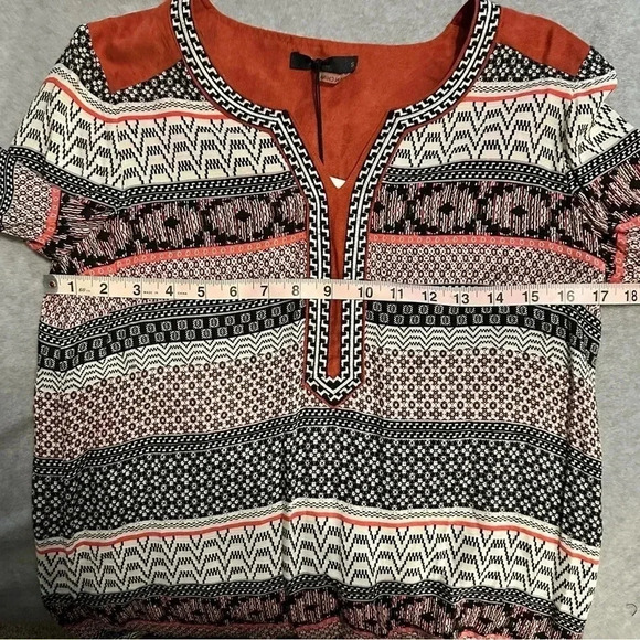 NWT THML Mixed Print Blouse Orange Suede Accents Long sleeve size S - Picture 4 of 8
